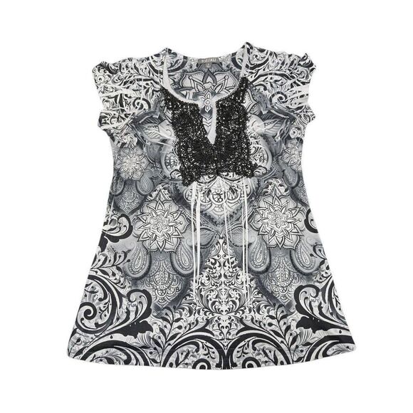 ROZ & ALI V Neck Paisley Short Sleeve Shirt Black and White Tunic Women's Small - Picture 1 of 5